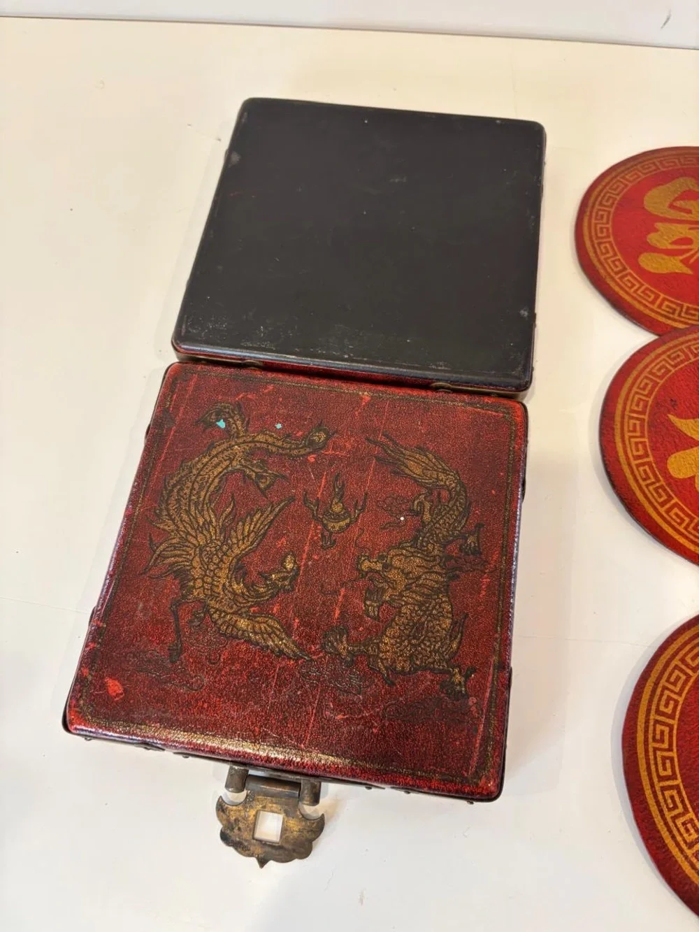 Vintage Chinese Red Lacquered Wood Coaster Set 8 Pcs Dragon Phoenix Case